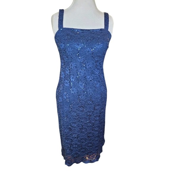 Y2K Womens Dark Blue Lace Sequins Formal Dress Bolero Sz 8 Stretchy Mother Bride - Picture 6 of 14